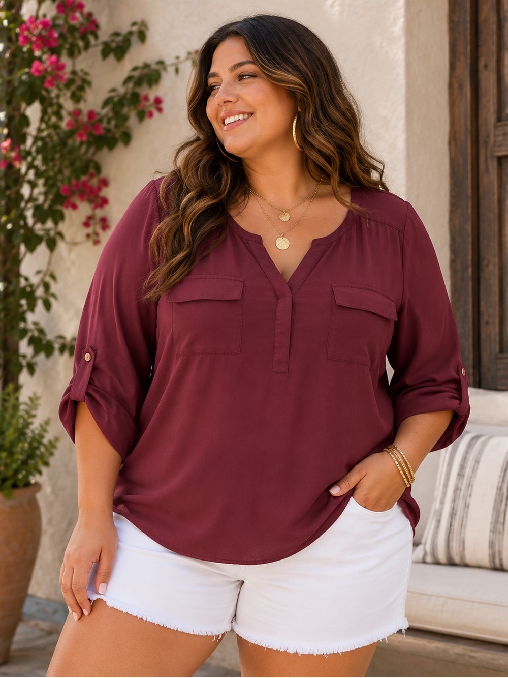 Torrid Plus Size 1X Plum Roll-Tab Blouse | Effortless Chic Boho Top